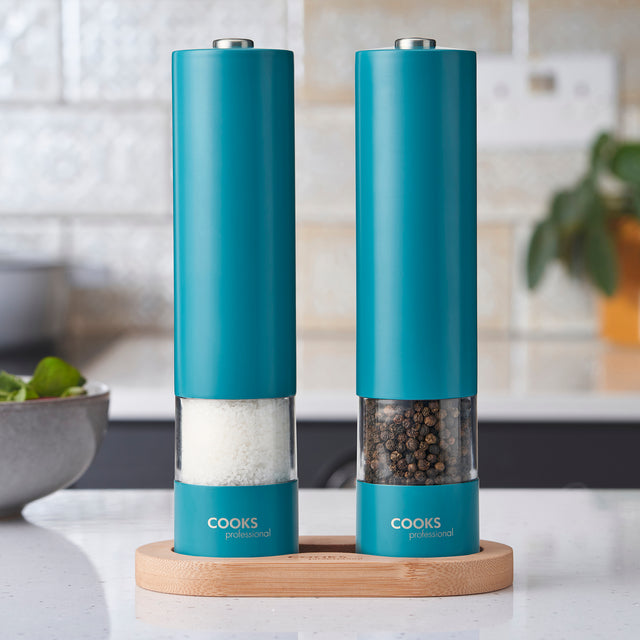 Cooks Professional Electric Salt and Pepper Mill Set with Bamboo Base | Teal