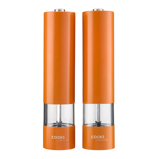 Cooks Professional Electric Salt and Pepper Mill Set with Bamboo Base | Orange