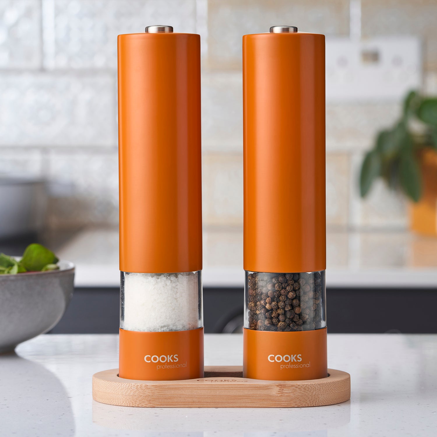 Cooks Professional Electric Salt and Pepper Mill Set with Bamboo Base | Orange