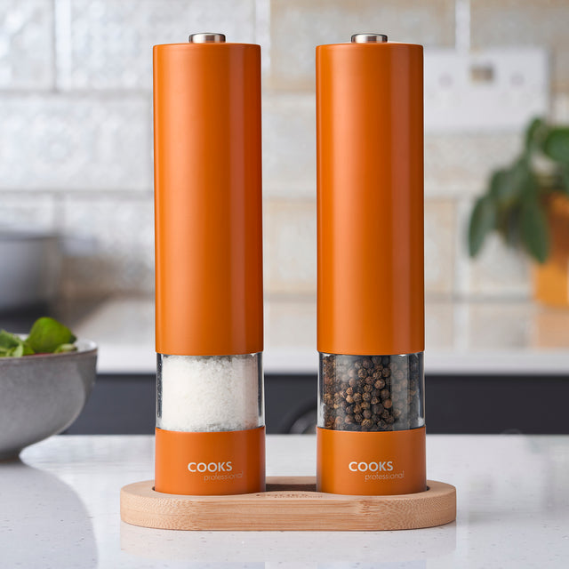 Cooks Professional Electric Salt and Pepper Mill Set with Bamboo Base | Orange