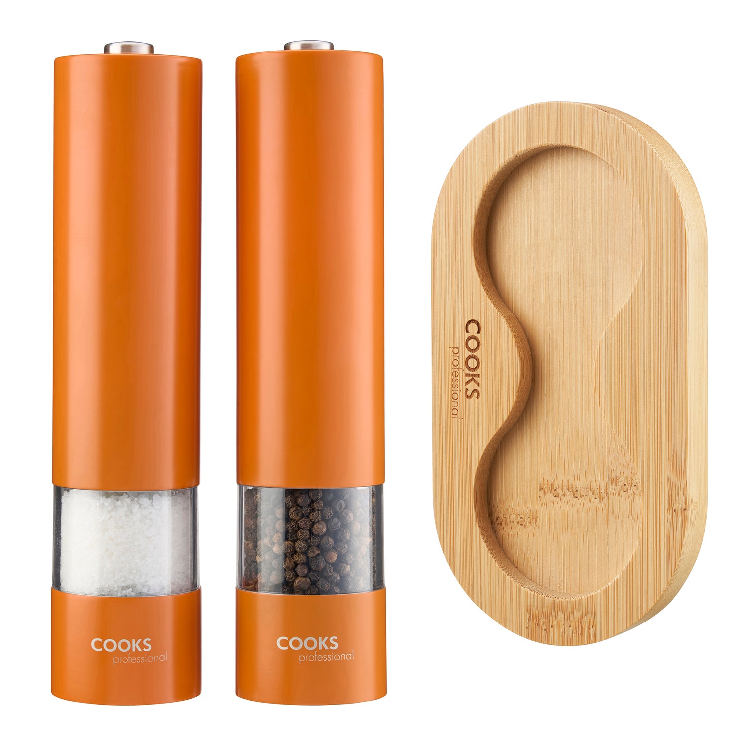 Cooks Professional Electric Salt and Pepper Mill Set with Bamboo Base | Orange