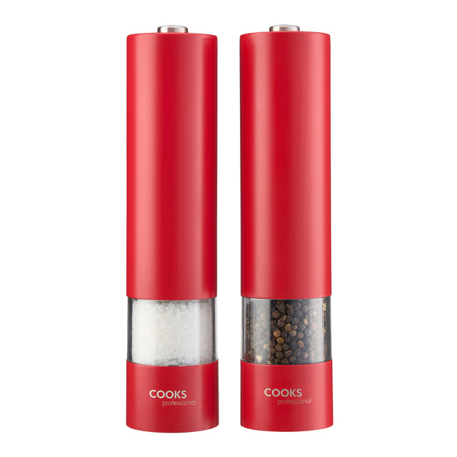 Cooks Professional Electric Salt and Pepper Mill Set with Bamboo Base | Red