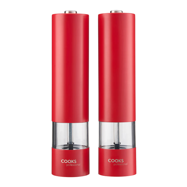 Cooks Professional Electric Salt and Pepper Mill Set with Bamboo Base | Red