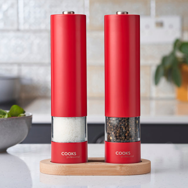 Cooks Professional Electric Salt and Pepper Mill Set with Bamboo Base | Red