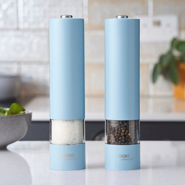 Cooks Professional Electric Salt and Pepper Mill Set with Bamboo Base | Blue
