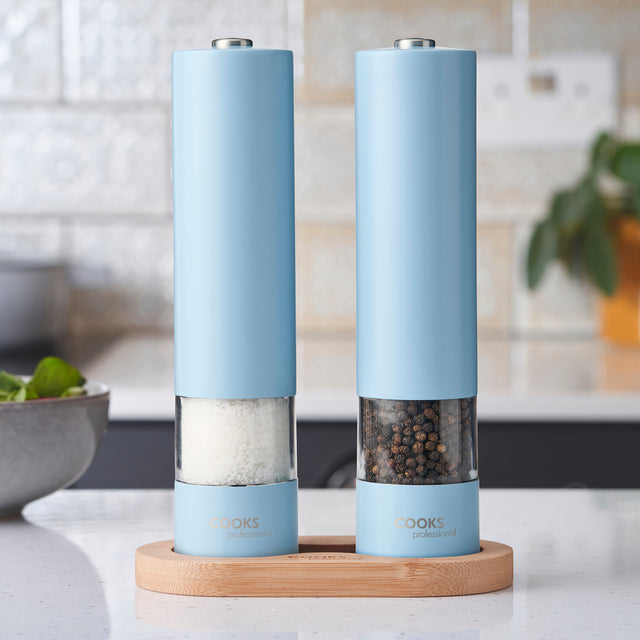 Cooks Professional Electric Salt and Pepper Mill Set with Bamboo Base | Blue