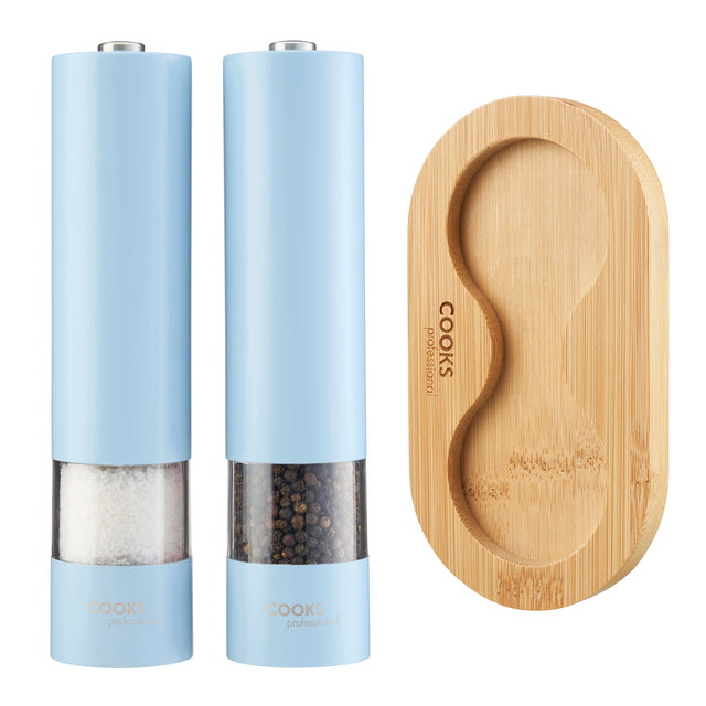 Cooks Professional Electric Salt and Pepper Mill Set with Bamboo Base | Blue