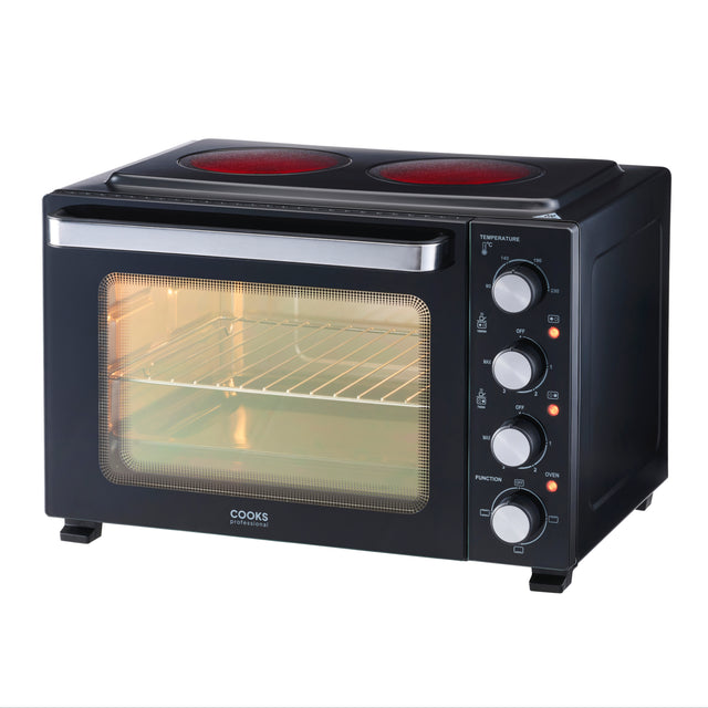 Cooks Professional 34L Mini Oven with 2 Ceramic Hobs | Black / Silver