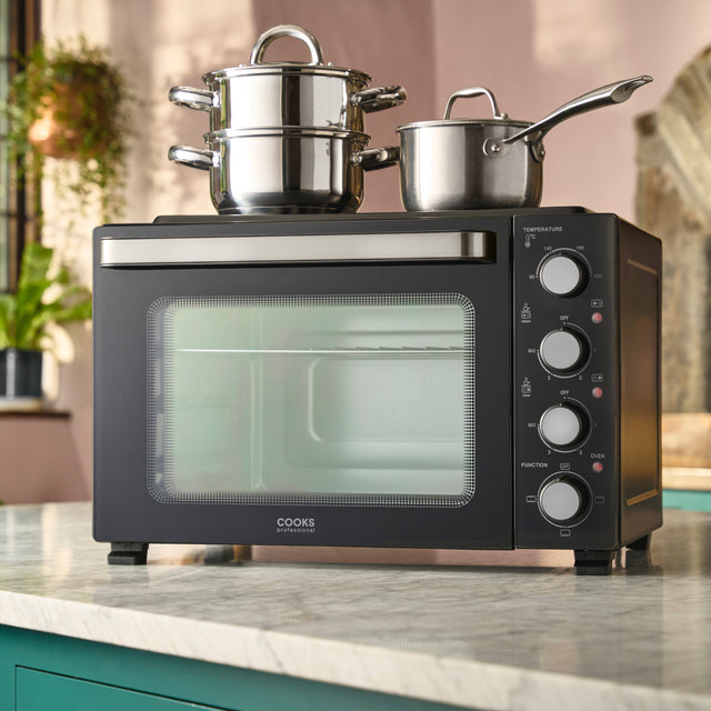 Cooks Professional 34L Mini Oven with 2 Ceramic Hobs | Black / Silver