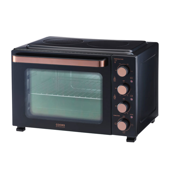 Cooks Professional 34L Mini Oven with 2 Ceramic Hobs | Black / Copper