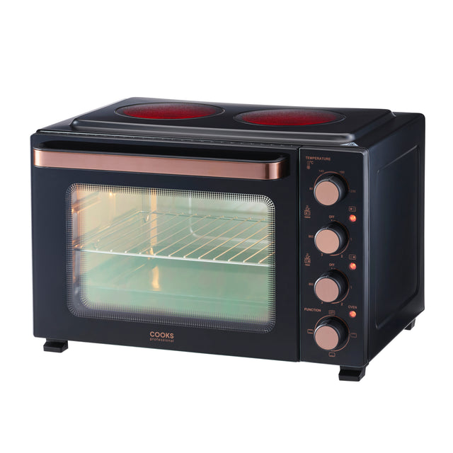 Cooks Professional 34L Mini Oven with 2 Ceramic Hobs | Black / Copper