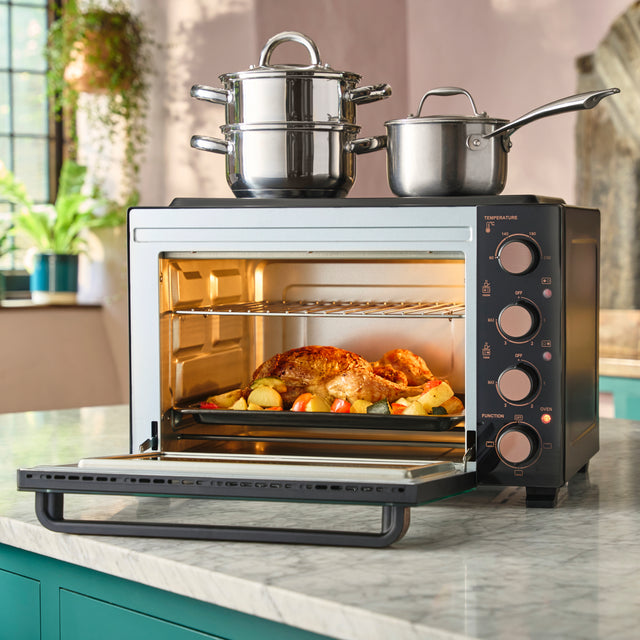 Cooks Professional 34L Mini Oven with 2 Ceramic Hobs | Black / Copper