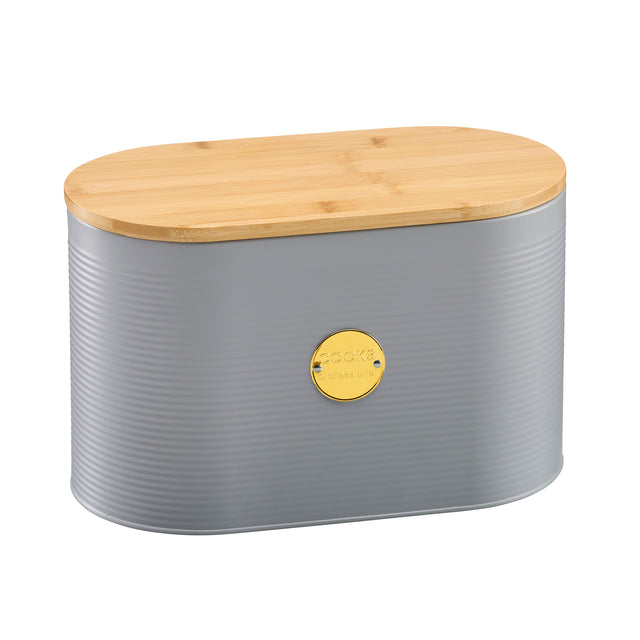 Cooks Professional Bread Bin, Linen Bag and Bamboo Board Set | Grey / Gold
