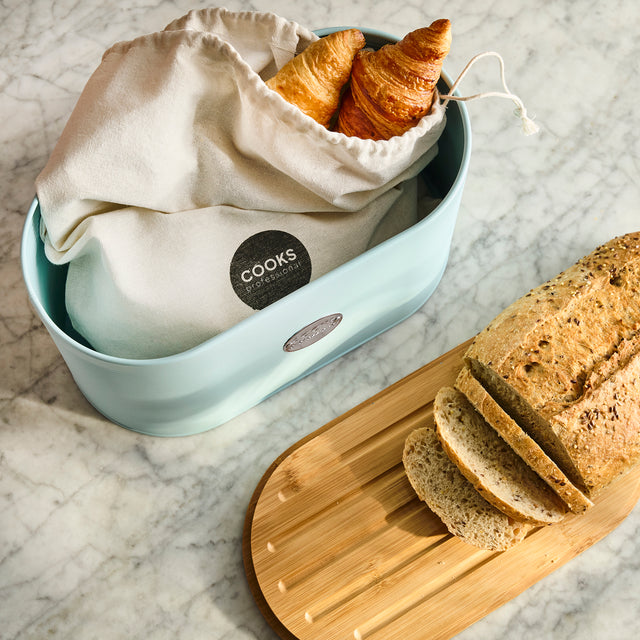 Cooks Professional Bread Bin, Linen Bag and Bamboo Board Set | Blue / Silver