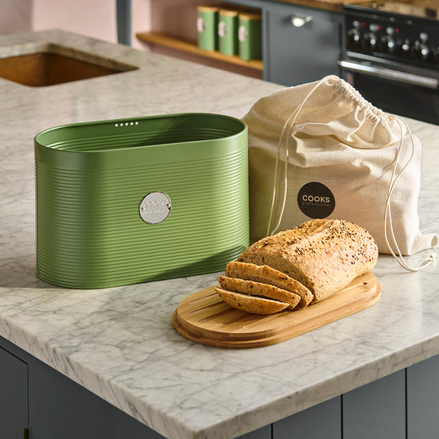 Cooks Professional Bread Bin, Linen Bag and Bamboo Board Set | Green / Silver