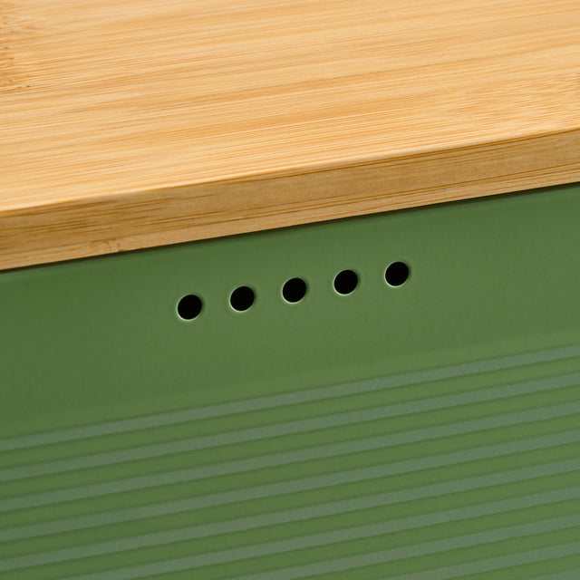 Cooks Professional Bread Bin, Linen Bag and Bamboo Board Set | Green / Silver