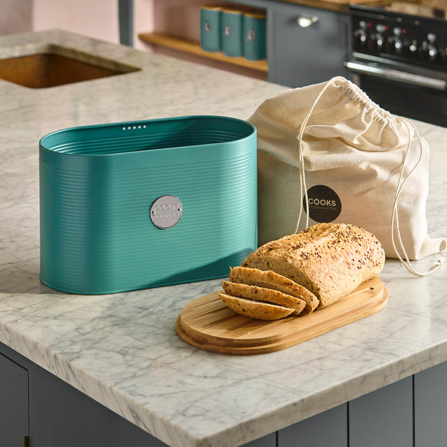 Cooks Professional Bread Bin, Linen Bag and Bamboo Board Set | Teal / Silver