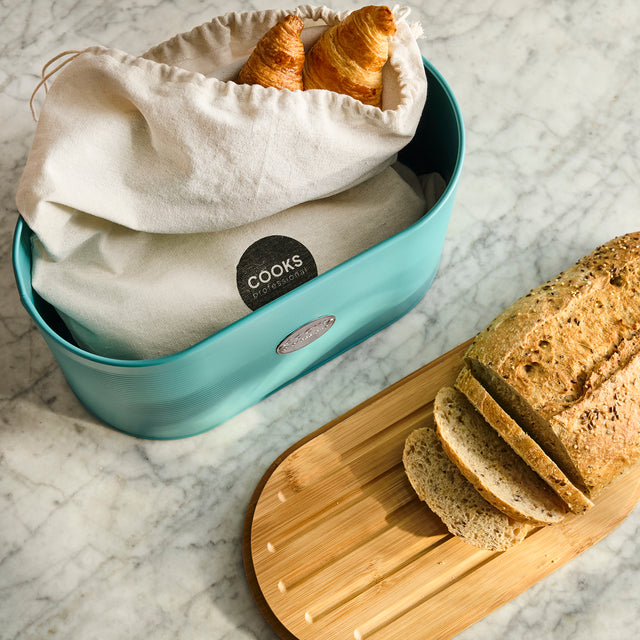 Cooks Professional Bread Bin, Linen Bag and Bamboo Board Set | Teal / Silver