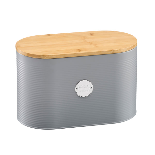 Cooks Professional Bread Bin, Linen Bag and Bamboo Board Set | Grey / Silver