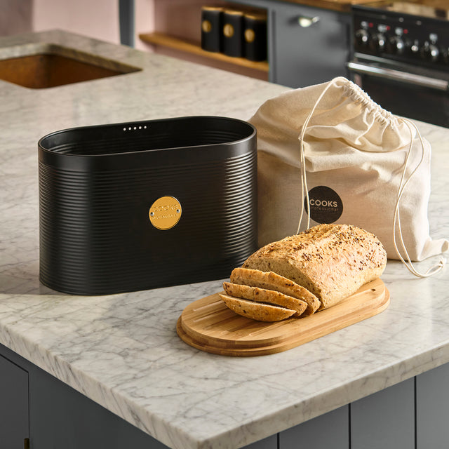 Cooks Professional Bread Bin, Linen Bag and Bamboo Board Set | Black / Gold