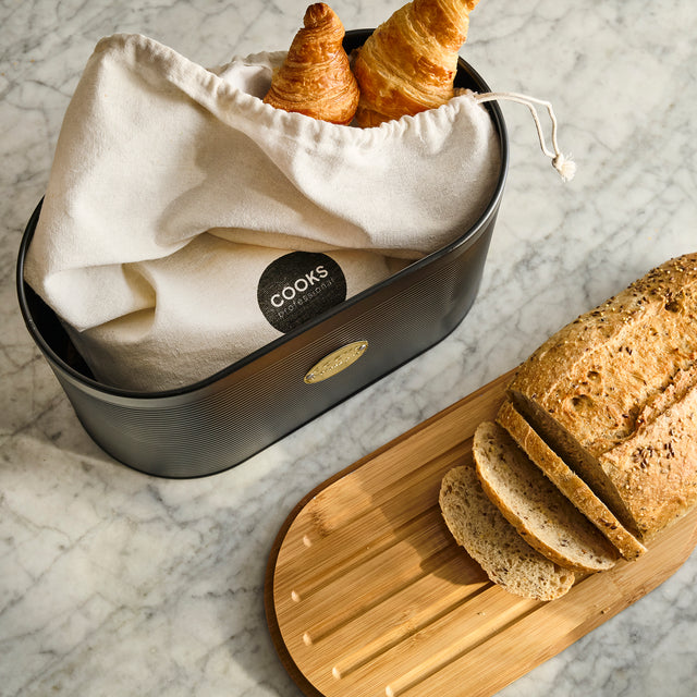 Cooks Professional Bread Bin, Linen Bag and Bamboo Board Set | Black / Gold