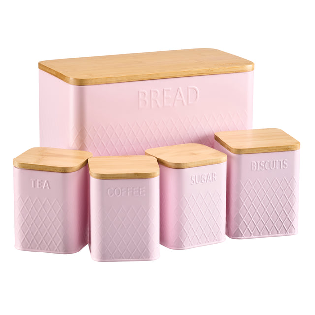 Cooks Professional 5 Piece Square Kitchen Storage Set with Bamboo Lids | Pink