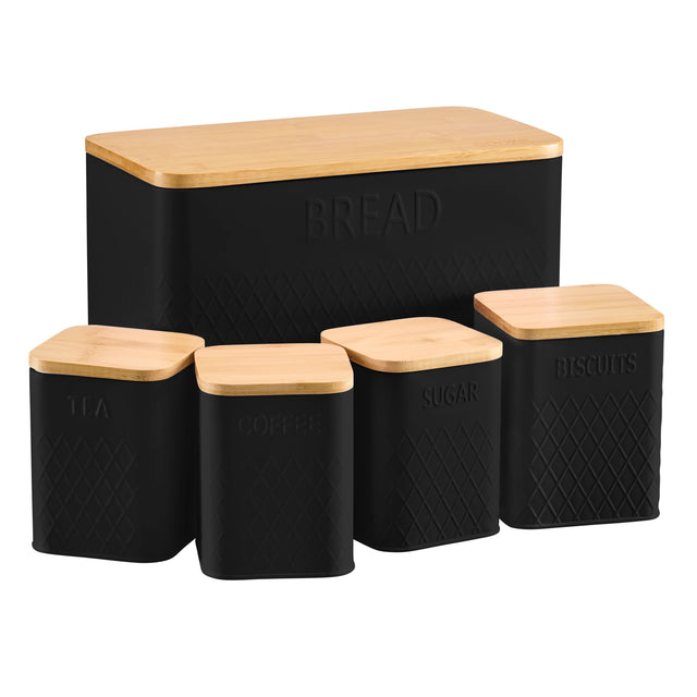 Cooks Professional 5 Piece Square Kitchen Storage Set with Bamboo Lids | Black