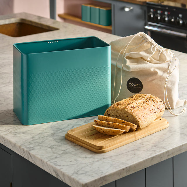 Cooks Professional Bread Bin, Linen Bag and Bamboo Board Set | Teal