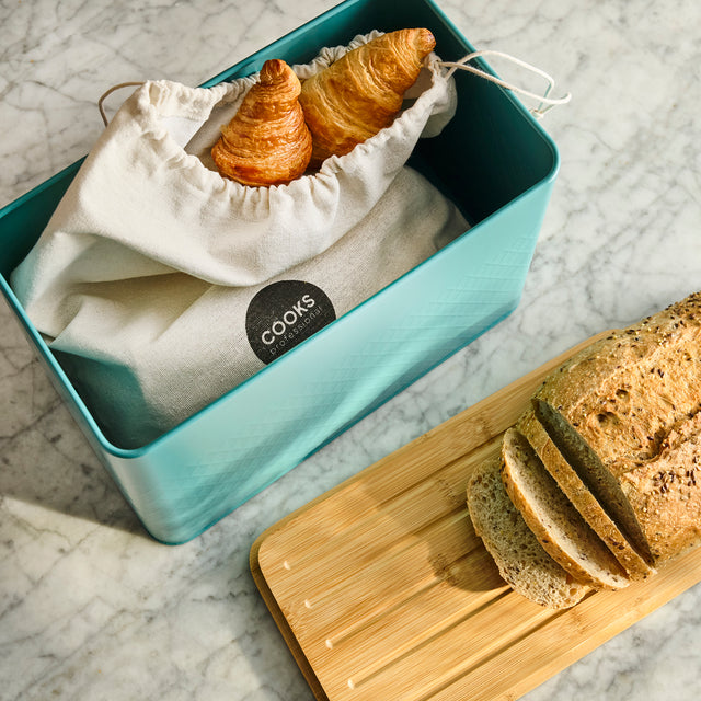 Cooks Professional Bread Bin, Linen Bag and Bamboo Board Set | Teal