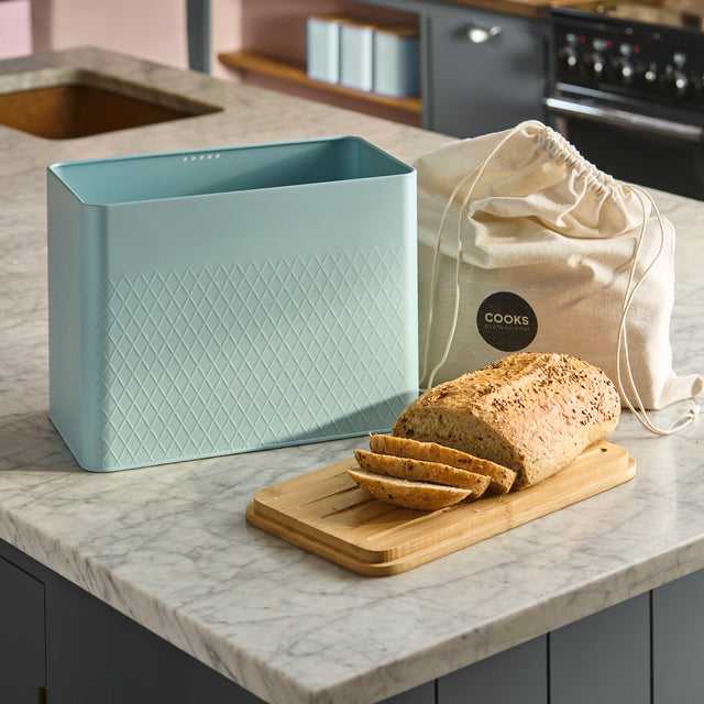 Cooks Professional Bread Bin, Linen Bag and Bamboo Board Set | Blue