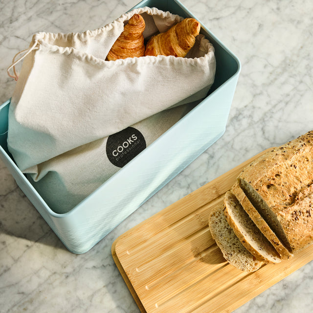 Cooks Professional Bread Bin, Linen Bag and Bamboo Board Set | Blue