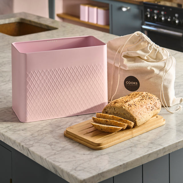 Cooks Professional Bread Bin, Linen Bag and Bamboo Board Set | Pink
