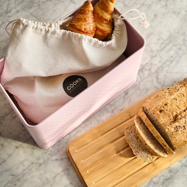 Cooks Professional Bread Bin, Linen Bag and Bamboo Board Set | Pink