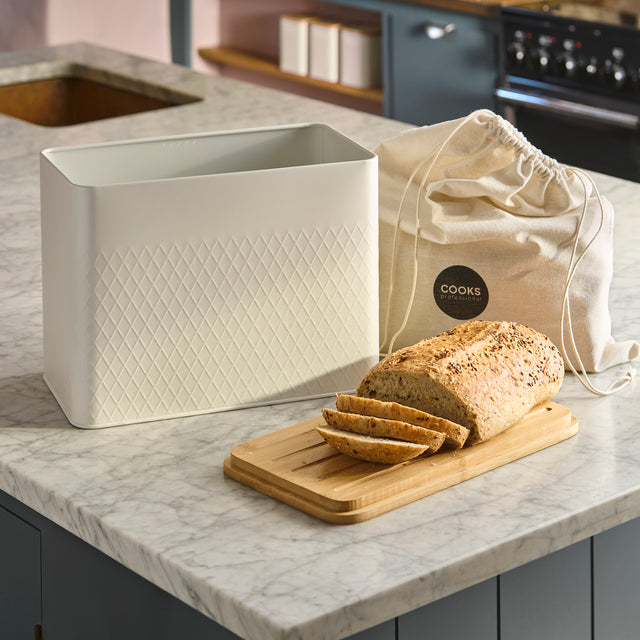 Cooks Professional Bread Bin, Linen Bag and Bamboo Board Set | White