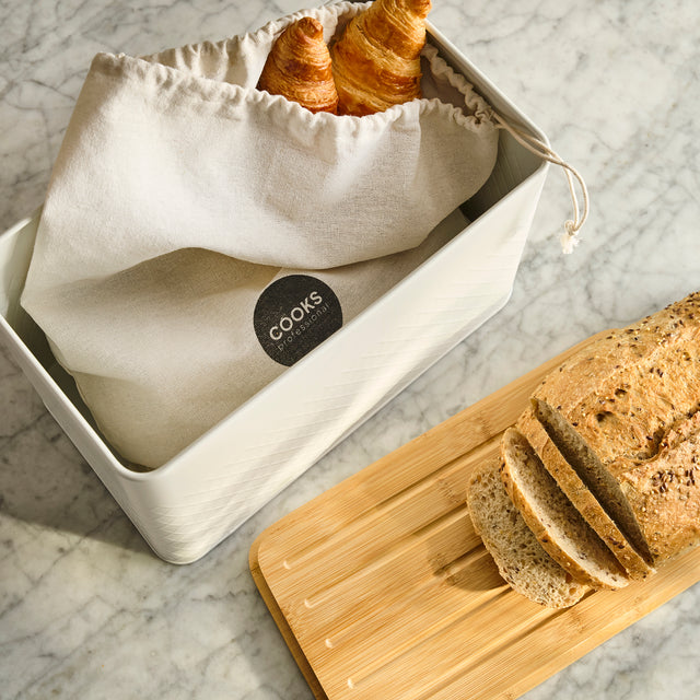 Cooks Professional Bread Bin, Linen Bag and Bamboo Board Set | White