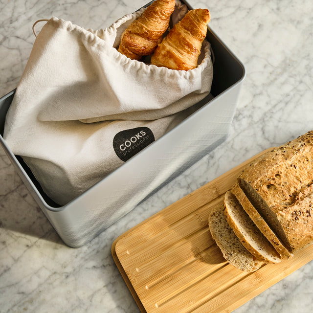 Cooks Professional Bread Bin, Linen Bag and Bamboo Board Set | Grey