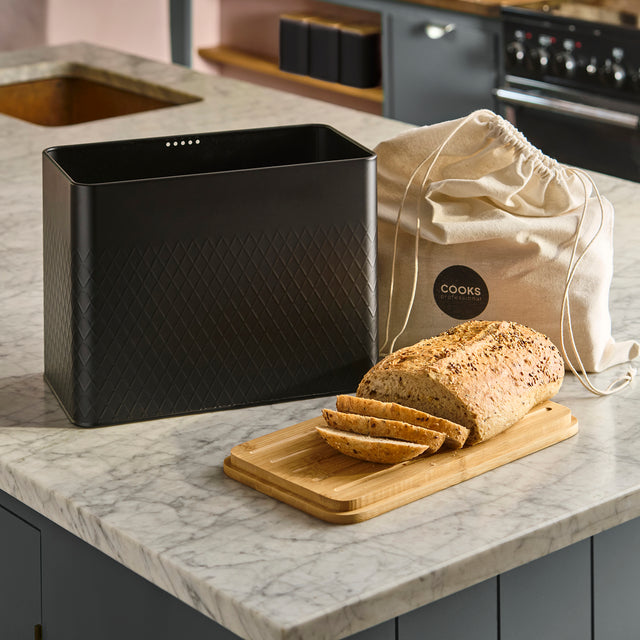 Cooks Professional Bread Bin, Linen Bag and Bamboo Board Set | Black