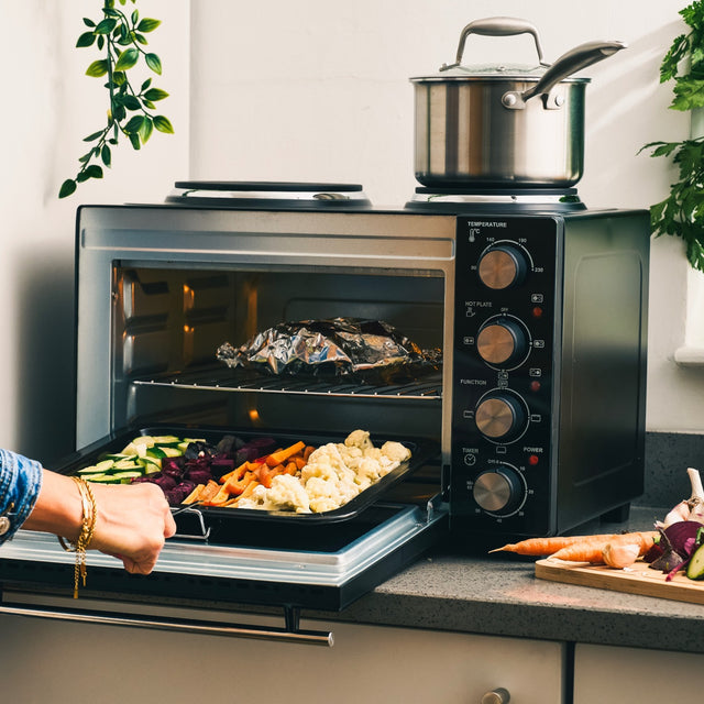 Cooks Professional 28L Mini Oven with 2 Hobs | Black / Silver
