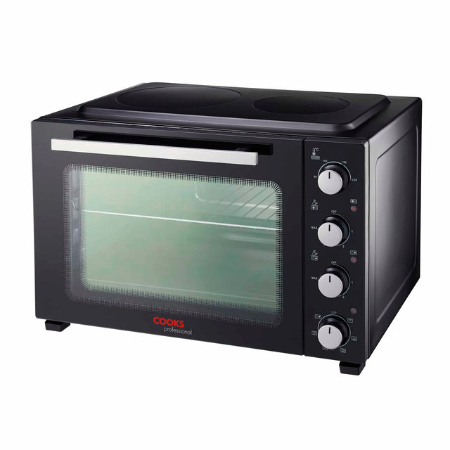 Cooks Professional 48L Mini Oven with 2 Ceramic Hobs | Black / Silver