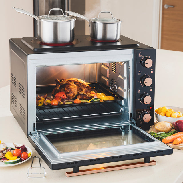 Cooks Professional 48L Mini Oven with 2 Ceramic Hobs | Black / Copper