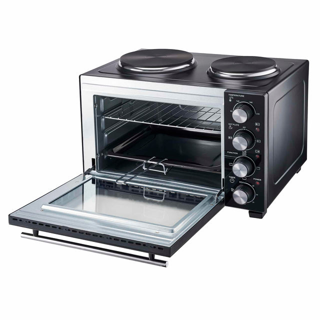 Cooks Professional 28L Mini Oven with 2 Hobs | Black / Silver
