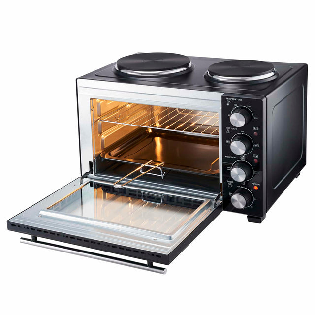 Cooks Professional 28L Mini Oven with 2 Hobs | Black / Silver