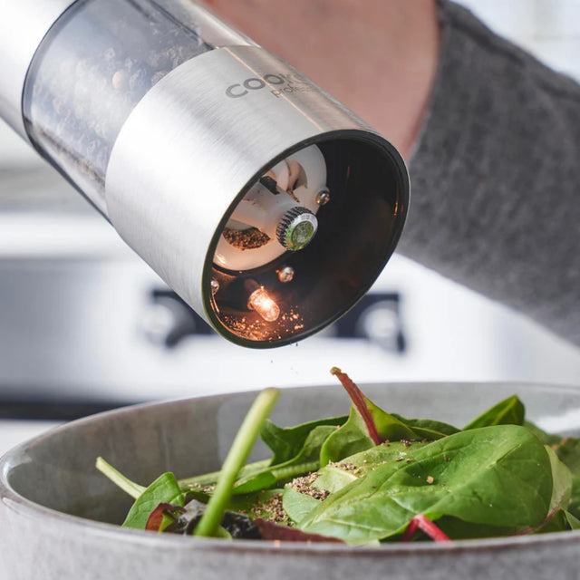 Cooks Professional Electric Salt and Pepper Mill Set with Bamboo Base | Stainless Steel