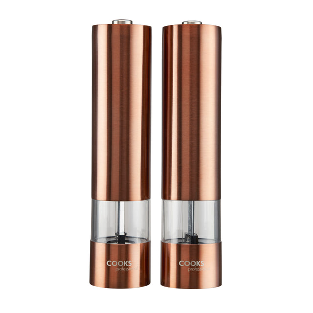 Cooks Professional Electric Salt and Pepper Mill Set with Bamboo Base | Copper