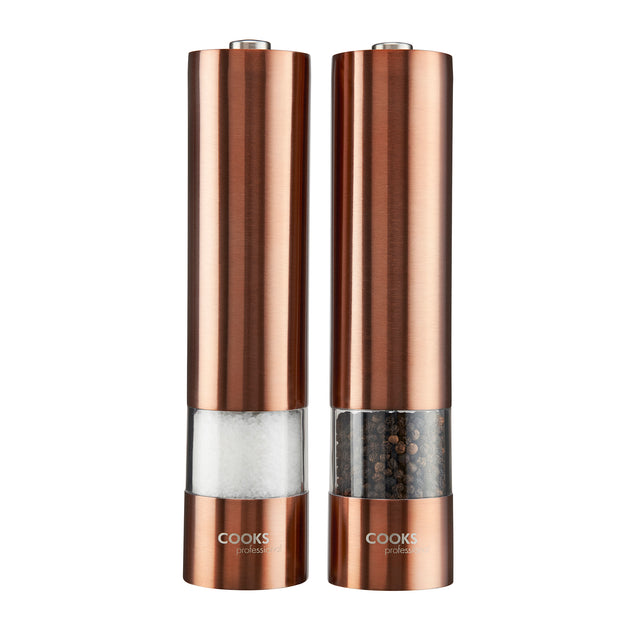 Cooks Professional Electric Salt and Pepper Mill Set with Bamboo Base | Copper