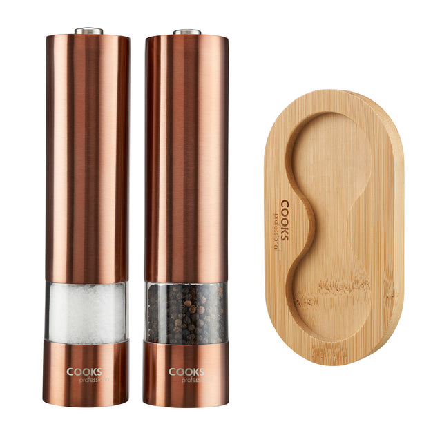 Cooks Professional Electric Salt and Pepper Mill Set with Bamboo Base | Copper