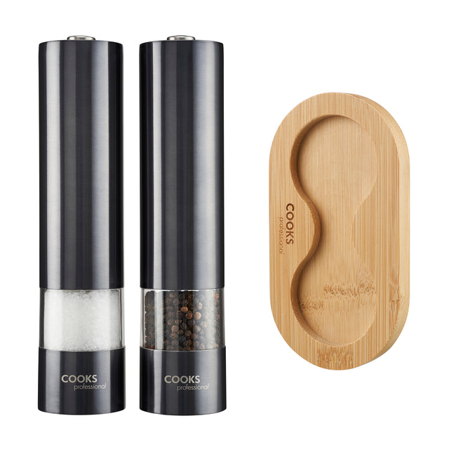 Cooks Professional Electric Salt and Pepper Mill Set with Bamboo Base | Graphite