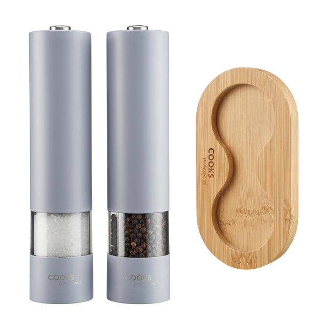 Cooks Professional Electric Salt and Pepper Mill Set with Bamboo Base | Grey