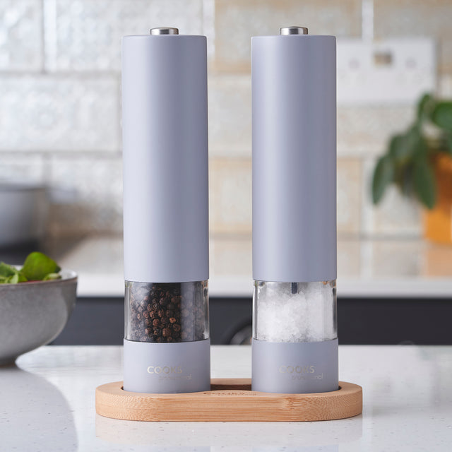 Cooks Professional Electric Salt and Pepper Mill Set with Bamboo Base | Grey