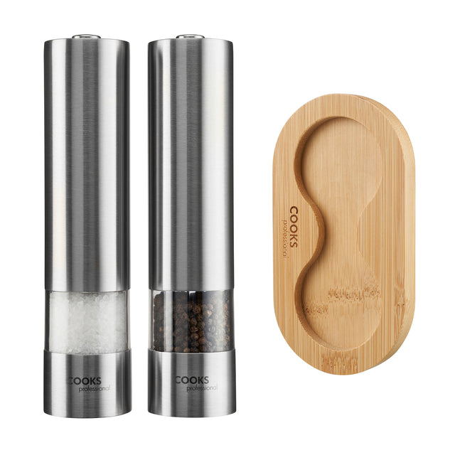 Cooks Professional Electric Salt and Pepper Mill Set with Bamboo Base | Stainless Steel
